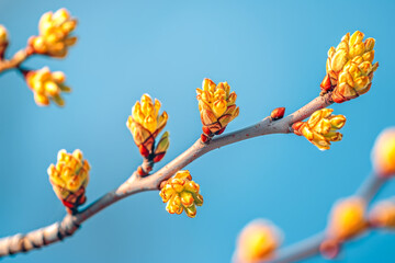 Vibrant Spring Blossom on Budding Branch Against Blue Sky