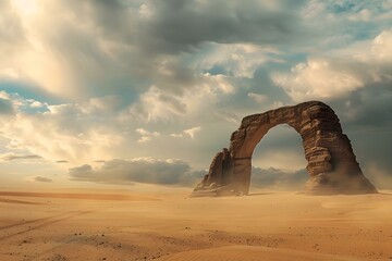 A solitary black arch stands tall amidst a sandy backdrop under a dramatic cloudy sky. Concept Landscape Photography, Dramatic Sky, Arch Structure, Solitude, Nature Photography