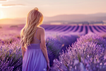 Young woman in a lilac dress walking in a lavender field	