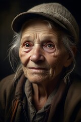 Portrait of an elderly homeless woman, surreal, textured skin, dry skin, high contrast, Rembrandt light. Generative AI