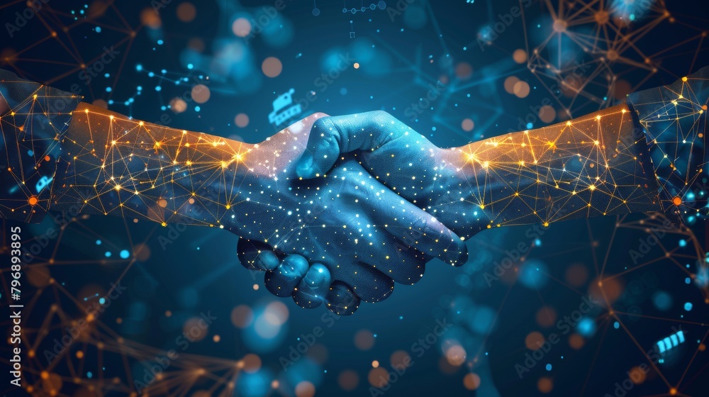 Poster abstract image of a handshake with digital network connections representing business partnership