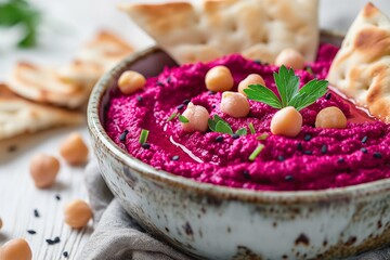Bright beet hummus with chickpeas in a speckled bowl, pita bread in the background