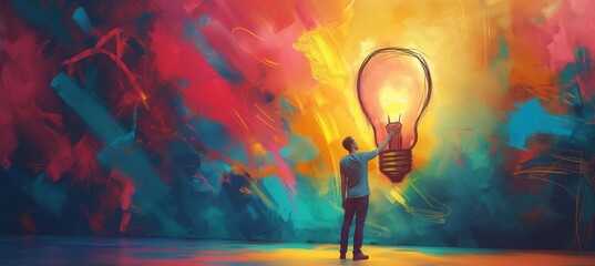 A male figure showcasing a burst of vibrant colors and shapes, shaping into a light bulb against a yellow backdrop.