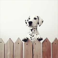 A cute dalmatian puppy is peeking over a fence.