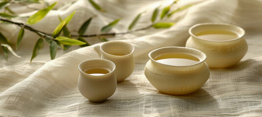 A set of four white ceramic cups and bowls are arranged on a table