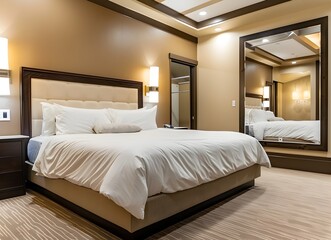 Fototapeta premium a modern bedroom with large bed, night stand and mirror, beige walls, dark wood headboard, brown carpet floor, lights on the wall
