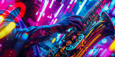Vibrant Jazz Saxophone Performance in Neon Lights