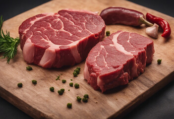 Raw meat or beef steak for cooking and grilling with pepper and other ingredients for meal preparation