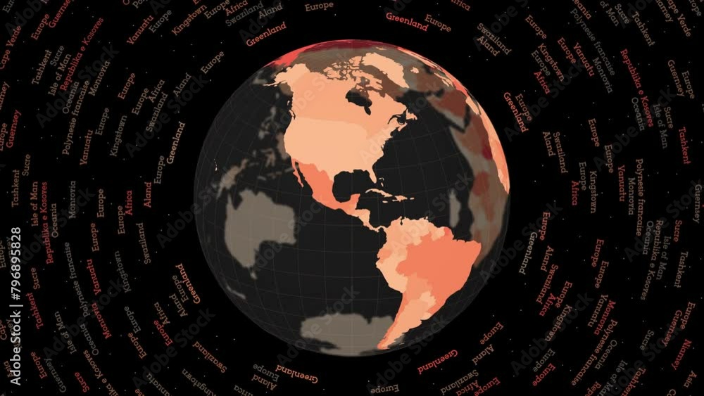 Poster rotating globe. dark translucent globe with round geographical names text. amazing spinning planet. 