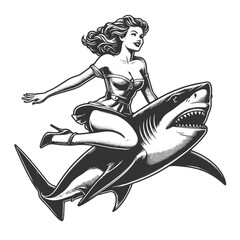 pin-up girl riding shark unique blend of vintage charm and adventurous spirit sketch engraving generative ai fictional character vector illustration. Scratch board imitation. Black and white image. - 796895814