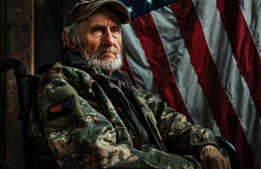 Fototapeta premium An elderly American veteran in a camouflage jacket and hat sits in his wheelchair with an American flag behind him.