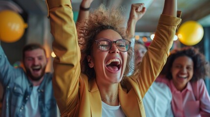 Excited and energetic business team celebrates a successful achievement with joy