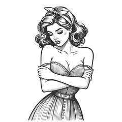 thoughtful pin-up girl, depicted in a contemplative pose sketch engraving generative ai fictional character vector illustration. Scratch board imitation. Black and white image. - 796896036