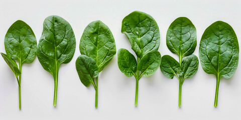 Obraz premium A row of green leaves are lined up on a white background