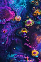 A deep space painting of a colorful coral reef with glowing neon highlights, done in a fluid art style with vibrant colors.