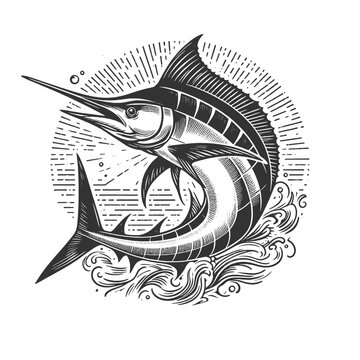 recommend clip art: sailfish blue marlin fish sketch engraving generative ai fictional character vector illustration. Scratch board imitation. Black and white image.