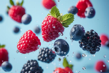 healthy flying berries, strawberry, raspberry, blueberry and blackberry, fruits full of vitamins and antioxidants