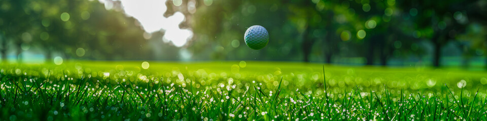 Obraz premium A golf ball is in the air above a green field