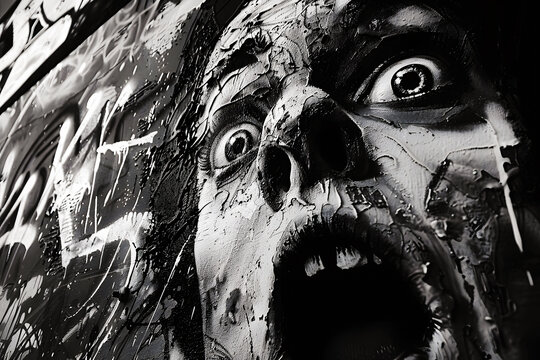 Visage horrifi&eacute; en gros plan, illustration en noir et blanc