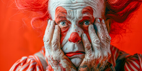 Expressive Sad Clown with Red Hair and Painted Face on Red Background