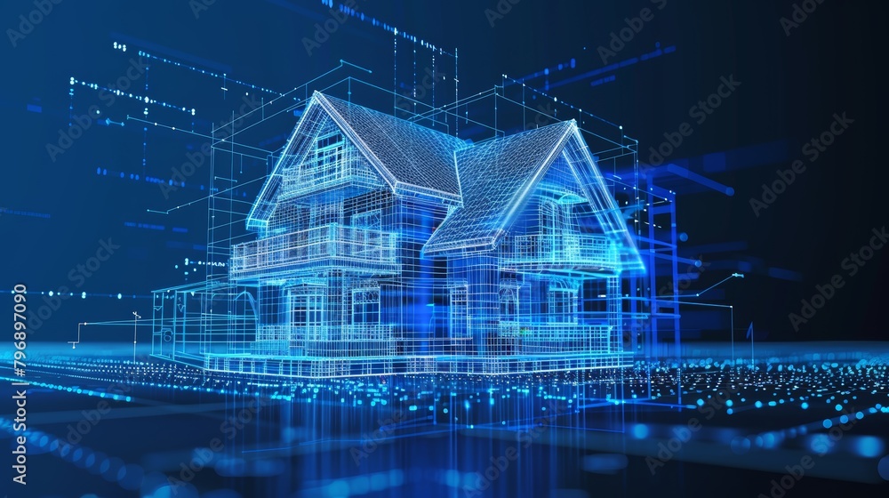 Poster A 3D portrait of a house transitioning into a wireframe model, showcasing the blend of solid architecture and technological design, with space for copy on technology themes