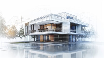 A house depicted in 3D form seamlessly fading into a wireframe, capturing the essence of modern architectural technology in a portrait layout with copy space