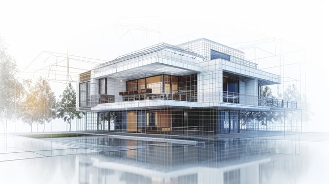 A house depicted in 3D form seamlessly fading into a wireframe, capturing the essence of modern architectural technology in a portrait layout with copy space