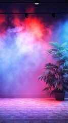 Empty room with brick walls and neon lights nature purple plant. - obrazy, fototapety, plakaty