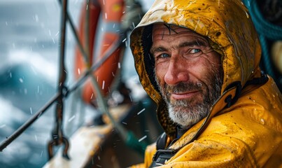 Portrait of adult fisherman on a trawler boat, Generative AI