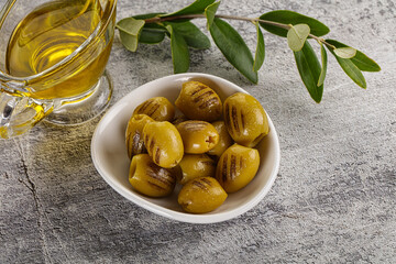 Grilled green olives appetizer snack