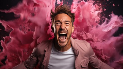 Portrait of a young man shouting on a pink background. Facial expression.