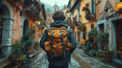 A solo backpacker navigating winding alleyways in a historic city, getting lost in the charm and mystery of urban exploration.