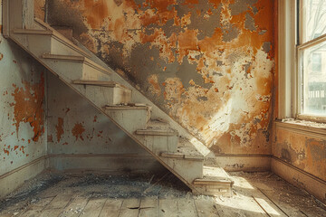 Abandoned House Interior with Sunlit Peeling Wall and Staircase