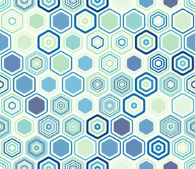 Hexagonal pattern background. Geometric elements of varied style and color. Honeycomb cells. Tileable pattern. Seamless background. Symmetrical vector illustration.