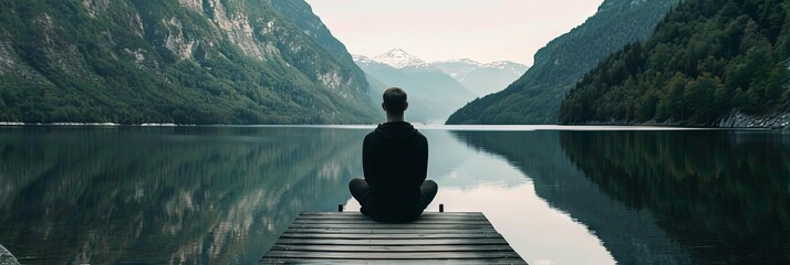 A lone figure sits on a wooden dock contemplating the serene and majestic mountain ringed lake before them a moment of solitude and reflection amidst