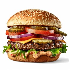 Appetizing Artisanal Hamburger with Fresh Ingredients on White Background