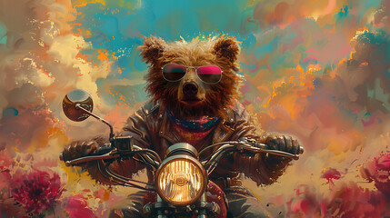Brown bear sporting sunglasses rides motorcycle in sunny weather, exuding coolness and adventure, a playful and captivating image blending wildlife and human elements