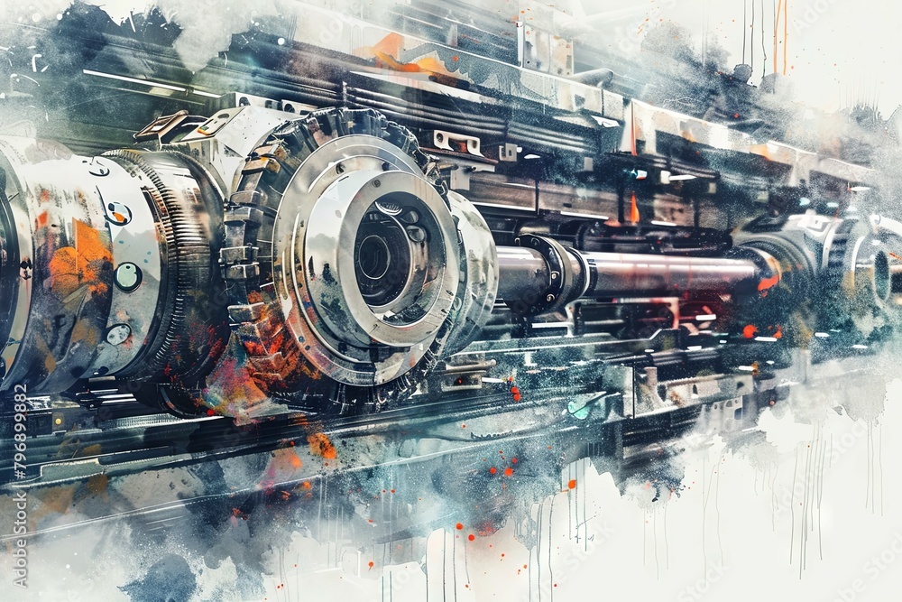 Wall mural Futuristic Production Line Machinery Watercolor Graphic with High Detail and Vibrant Textures - Wall murals