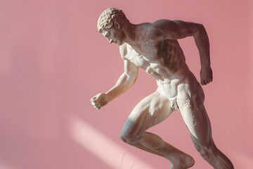 A stoic statue of a Greek Olympian poised to run, the form reminiscent of the classical sculptures of Hermes, set against a dawn of the games blush background