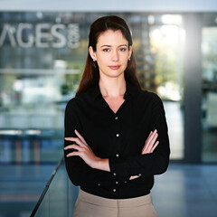 Business, woman and confident portrait in office for internship at corporate company for...