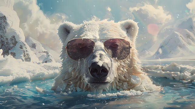 Polar bear wearing sunglasses lounges in a swimming pool amidst Arctic wilderness.