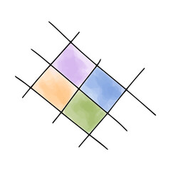 Watercolor doodle element. Grid with colored squares. Vector illustration.