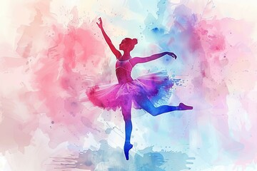 Graceful Ballerina Watercolor Leap in Vibrant Movement and Color