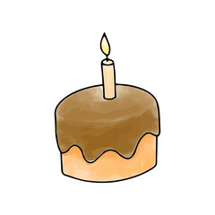 Cake with candle watercolor doodle element. Vector illustration.