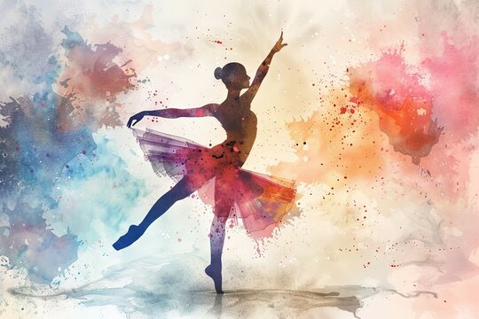 Graceful Ballet Dancer Leaping in Vibrant Watercolor Splash