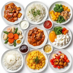 Hearty and Diverse Assortment of Freshly Prepared Meals Presented on a White Background
