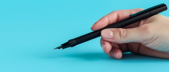 A close-up of a right hand holding a black fountain pen on a vivid light blue background.
