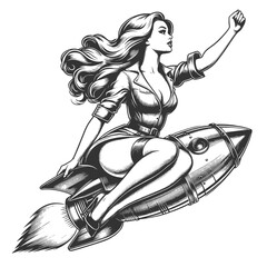 retro pin-up girl with wavy hair, confidently riding a classic rocket sketch engraving generative ai fictional character vector illustration. Scratch board imitation. Black and white image. - obrazy, fototapety, plakaty