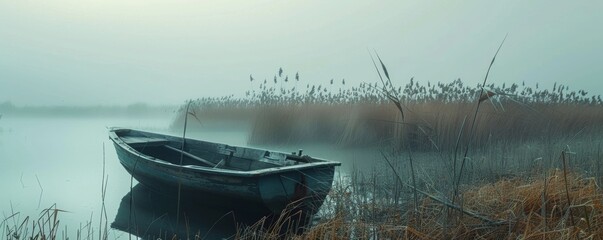 Misty lake scene with lonely boat
