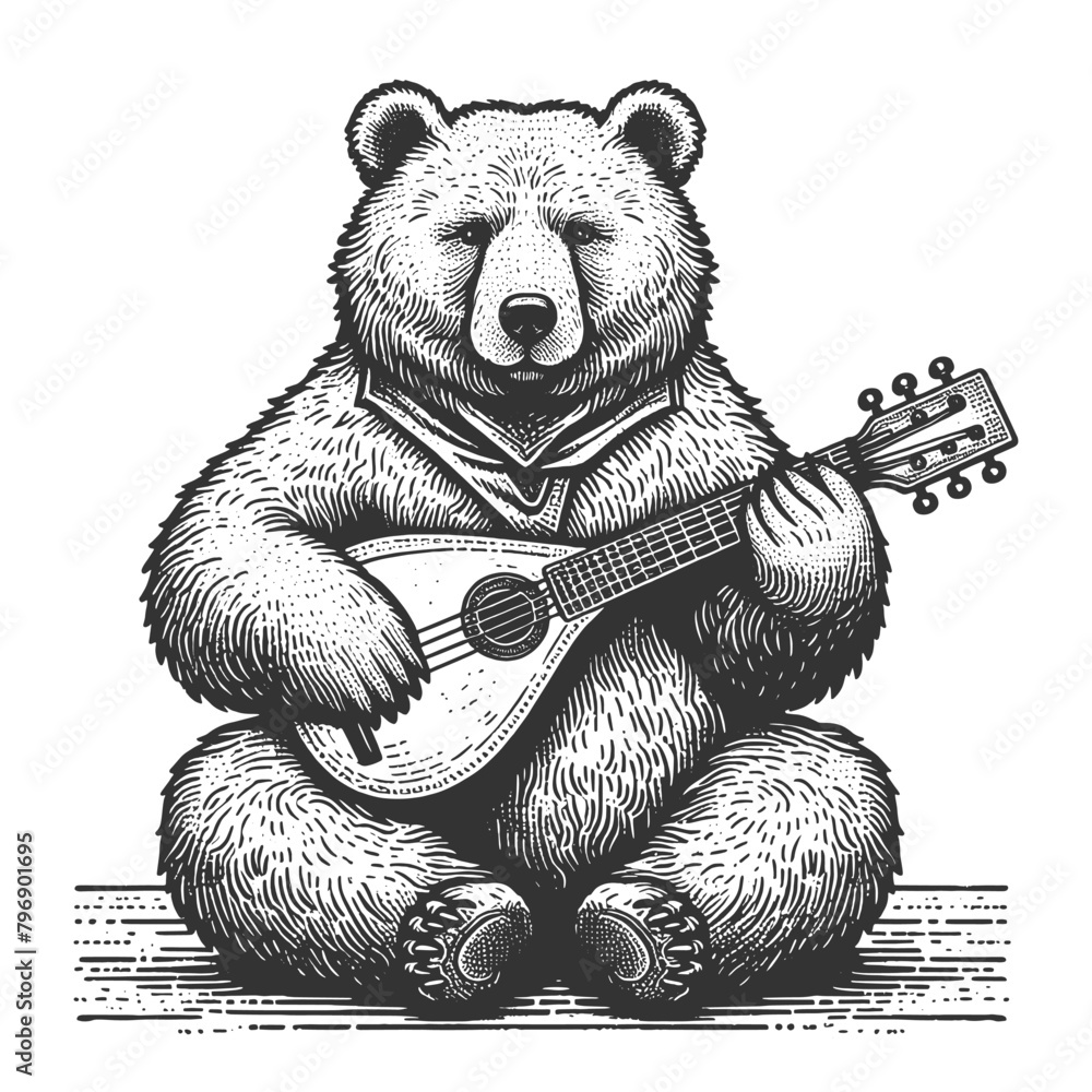 Poster bear playing a mandolin, capturing the playful fusion of wildlife and music sketch engraving generat